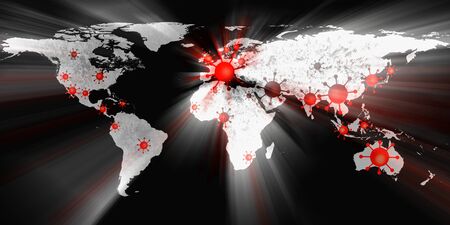 World map view on corona virus spots with lightpaint and sketch techniquesの写真素材