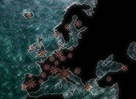 Europe map showing the outbreak of corona virus covid-19 in sketch and kirlian aura styles