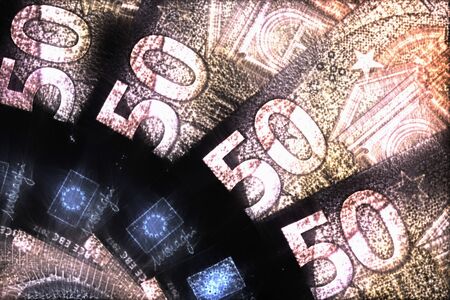 Illustration of glowing euro banknotes with a kirlian aura on it