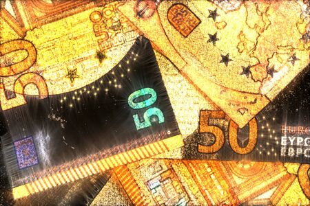 Illustration of glowing euro banknotes with a kirlian aura on it