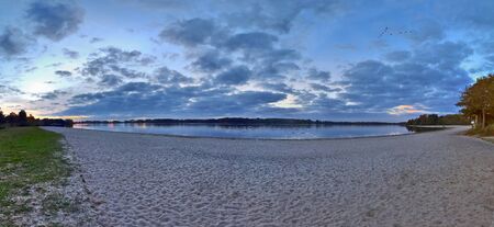 High resolution panorama view on green landscapes with a blue sky found in northern germanyの写真素材