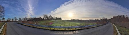 High resolution panorama view on green landscapes with a blue sky found in northern germany