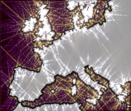 Illustration of europe coastline map done with kirlian aura photography in different styles