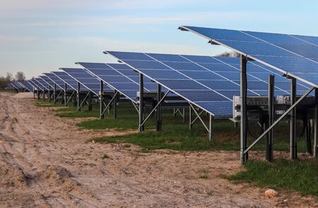 Close up view at solar panels in a renewable energy park