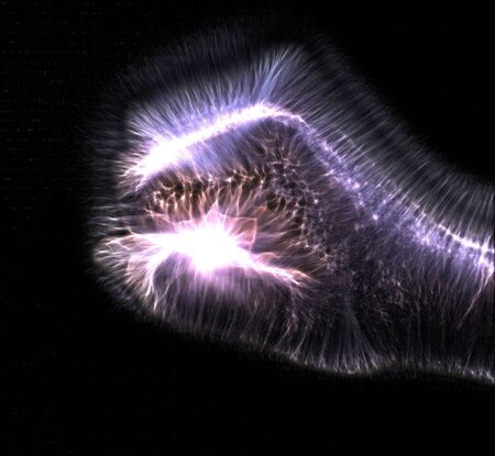 3D-Illustration of a glowing human female hand with a blue kirlian aura showing different symbols
