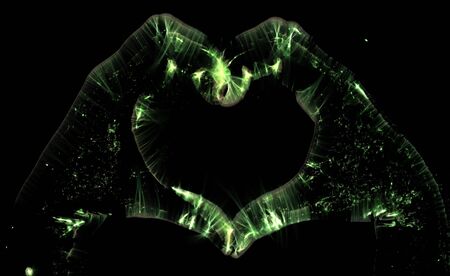 3D-Illustration of a glowing human female hand with a kirlian aura showing different symbolsの写真素材