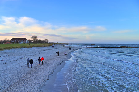 People going for a walk at the beach on a windy december dayのeditorial素材