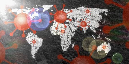 Illustration of a world map with light effects showing the corona virus covid-19 hotspots in the United States and Europeの写真素材