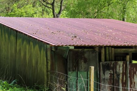 Old aged and weathered little farmhouse shed on a green fieldの写真素材