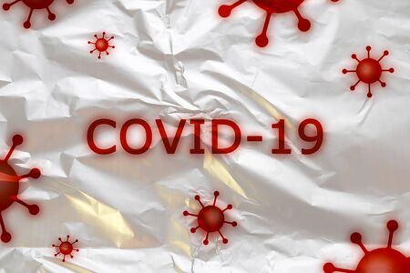 Illustration of COVID-19 and coronavirus texts on a white backgroundの写真素材