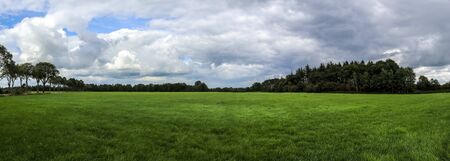 Beautiful panorama of a northern european country landscape with fields and green grassの写真素材