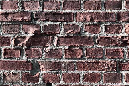Detailed view at a colorful old and weathered brick wall texture. Panoramic background.
