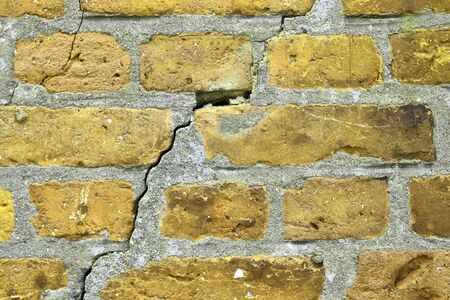 Detailed view at a colorful old and weathered brick wall texture. Panoramic background.