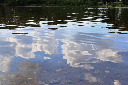 Detailed close up view on water surfaces with waves and ripples and the sunlight reflecting at the...