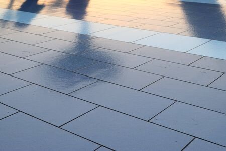 Diffuse reflections of pedestrians walking a marble sidewalk