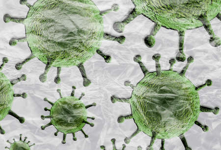 3D-Illustration of colorful isolated corona virus covered by plastic film on a white background.の写真素材