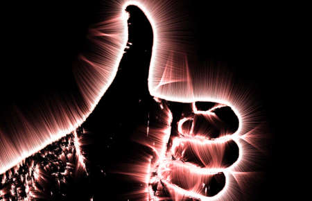 3D-Illustration of a glowing human male hand with a kirlian aura showing different symbols.の写真素材