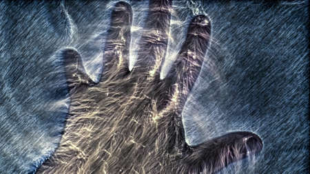 3D-Illustration of a glowing human male hand with a kirlian aura showing different symbols.の写真素材