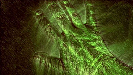 3D-Illustration of a glowing human male hand with a kirlian aura showing different symbols.の写真素材