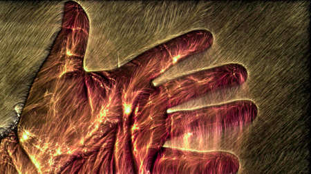 3D-Illustration of a glowing human male hand with a kirlian aura showing different symbols.の写真素材
