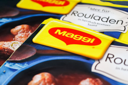 German Maggi instant sauce packages, owned by Nestle. Maggi is an international brand of soups, stocks, bouillon cubes, ketchup, sauces, seasonings and instant noodles.のeditorial素材