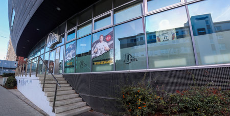 Front view at the arena of the german bundesliga handball club THW Kiel with trophys and the fan shopのeditorial素材
