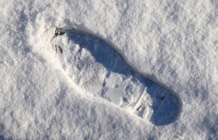 Footsteps of male shoes in fresh white snow in winter.の写真素材
