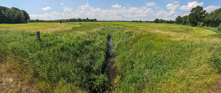 Beautiful high resolution panorama of a northern european country landscape with fields and green...