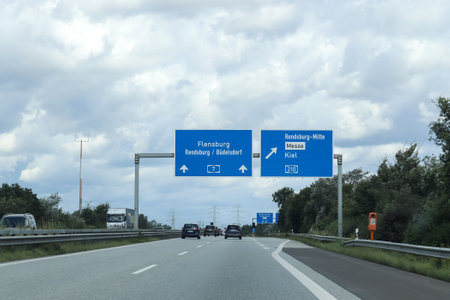 View from a car driving on the german highway A7 from Kiel to Flensburg towards denmark