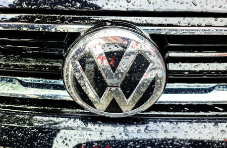 Kiel, Germany - 13. August 2021: Closeup of the Volkswagen logo on a new car frontのeditorial素材