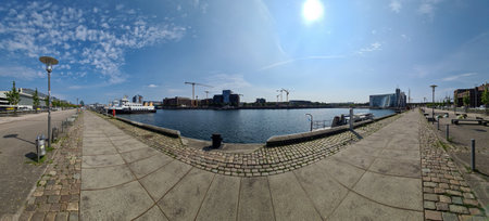 Kiel, Germany - 13.August 2021: Panorama of the port of Kiel in Germany on a sunny day
