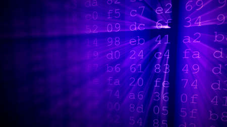 Colorful digital data digits and streaming source code background with light beams.