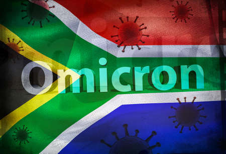 3D-Illustration of a South Africa flag with corona virus variant B.1.1.529 Omicron on itの写真素材