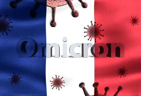3D-Illustration of the corona variant Omicron on a France flagの写真素材