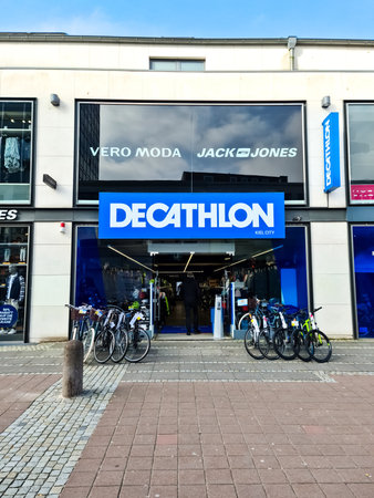 Entrance of Decathlon brand sports store with big blue over entranceのeditorial素材