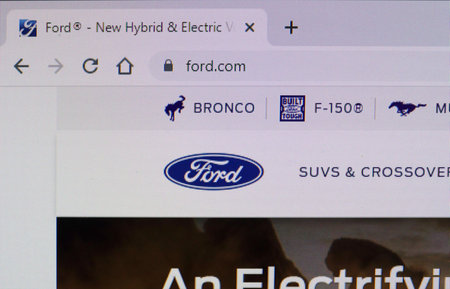 Hamburg, Germany - 01. Mai 2022: Close up of the homepage website of the car compary Ford on an LCD...