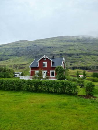 Seydisfjordur, Iceland - 23.June 2022: The famous town Seydisfjordur with some typical icelandic buildingsのeditorial素材