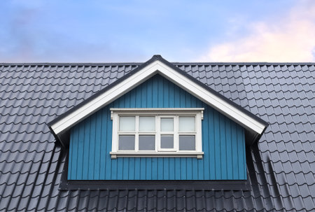 Roof window in velux style with roof tiles - icelandic architectureの写真素材
