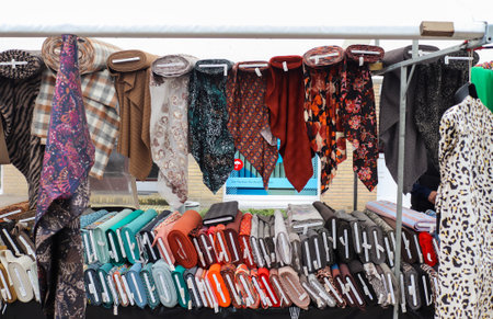 Neumuenster, Germany - 25. September 2022: Public fabrics market in Germany with a lot of visitorsのeditorial素材