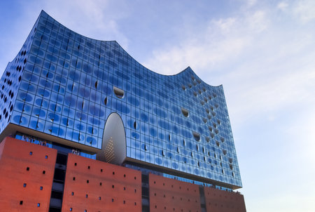 Hamburg, Germany - 27. August 2022: View of the Hamburg Elbphilharmonie building in the harbour