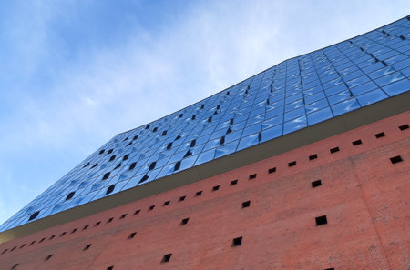 Hamburg, Germany - 27. August 2022: Close up view of the Hamburg Elbphilharmonie building in the harbourのeditorial素材
