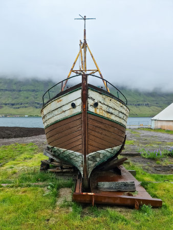 An old abandoned boat on the coast of Icelandの写真素材