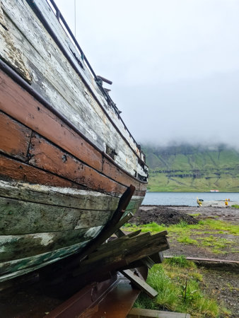 An old abandoned boat on the coast of Icelandの写真素材