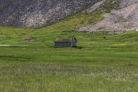 Hafnarfjoerdur, Iceland - 10 September 2022: The Viking village in front of Mount Vestrahorn in good weatherのeditorial素材