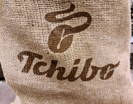 Kiel, Germany - 27.December 2022: A close-up of a Tchibo logo on an old coffee bagのeditorial素材