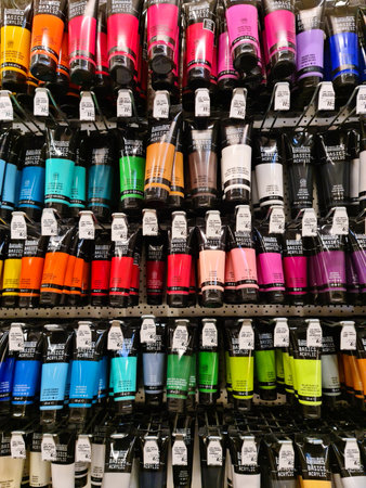 Kiel, Germany - 11 February 2023: Various colours of the Liquitex brand in a paint section of a DIY storeのeditorial素材