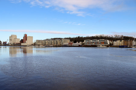 Flensburg, Germany - 18 February 2023: View of the historic harbour of Flensburg in fine weather.のeditorial素材