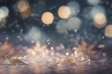 A beautiful christmas background with stars and snowflakes and soft bokeh lights on a light background created with generative AI technologyの素材