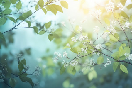 A beautiful spring background with leaves and little flowers on a light background created with generative AI technologyの素材