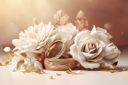 A beautiful wedding background with flowers and gold ornaments on a light background created with generative AI technologyの素材